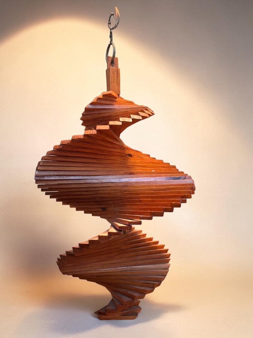 Vintage Handcrafted Wooden Spiral Mobile Wind Spinner With Natural Finish